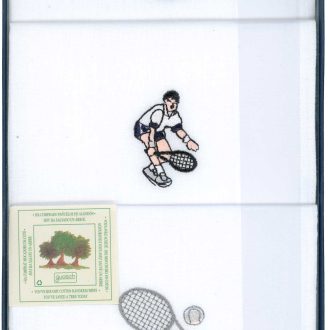 Tennis Embroidered Men's White Cotton Handkerchief - 16" (Boxed Set of 3)