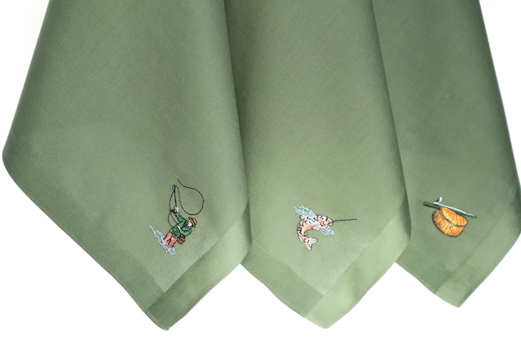 Fishing Embroidered Men's Green Cotton Handkerchief