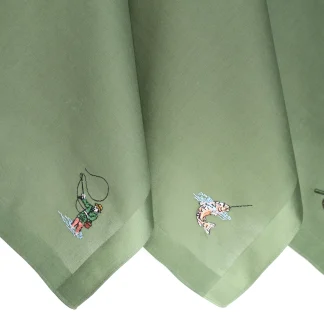 Fishing Embroidered Men's Green Cotton Handkerchief
